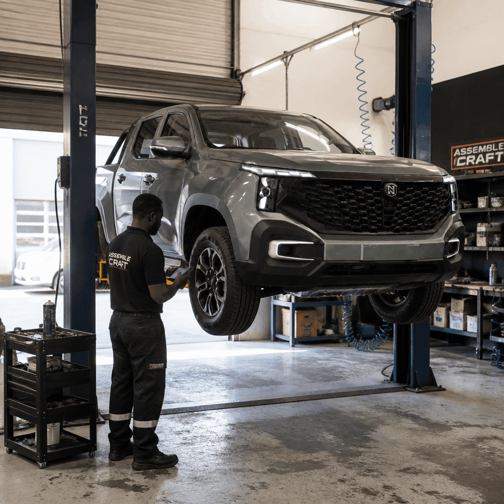 An Assemble Craft technician servicing a NASENI Pickup on a workshop lift